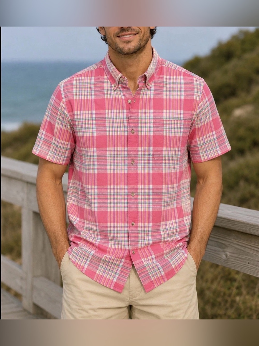 Faherty Beach House Men's Organic Cotton Plaid Button-Down Shirt Pink L